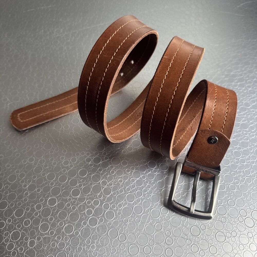 Velez Mens Brown Leather Belt 38 Courage Single Sided Silver Buckle Metal Loop